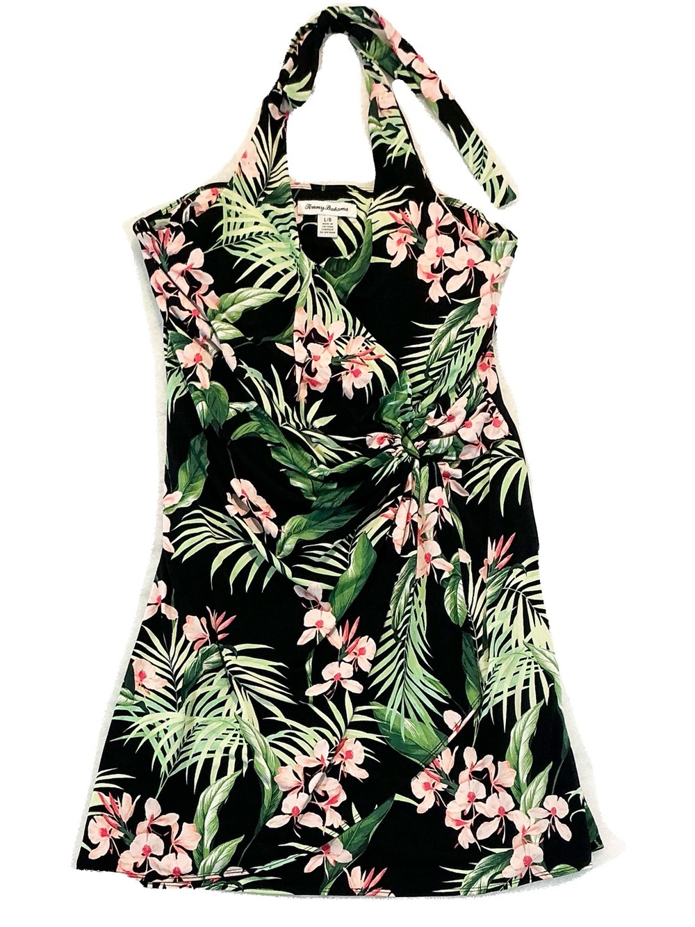 Tommy Bahama Black Halter Dress with Pink Floral & Green Leaves - Picture 5 of 5